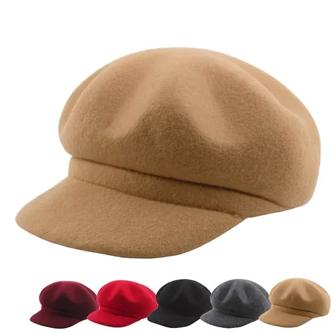Gorra Newsboy De Pura Lana Para Mujer Sombrero Octogonal Vintage Color Sólido Cálido Invierno Pintor Ajustable Retro