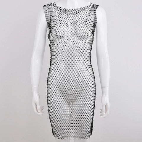 Vestito Sexy In Rete Con Strass Da Donna Senza Maniche Girocollo Trasparente A Rete Mini Clubwear Scintillante