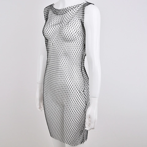 Vestito Sexy In Rete Con Strass Da Donna Senza Maniche Girocollo Trasparente A Rete Mini Clubwear Scintillante