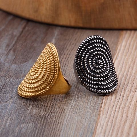 Anillo De Acero Inoxidable Para Hombre Retro Punk Chapado En Oro 18K Escudo Ancho Espiral Cuentas Joyas Étnicas Boho