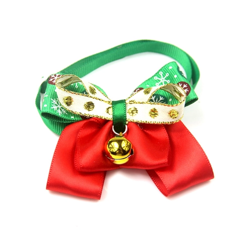 Christmas Pet Bow Tie With Gold Bell Adjustable Holiday Dog Cat Collar Ribbon Bows Snowflake Polka Dot Pet Neck Accessory