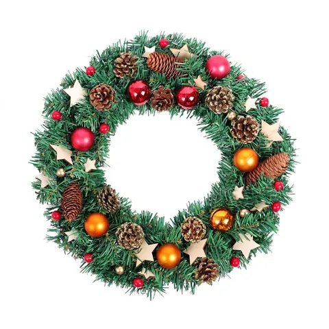 Corona Di Natale Decorazione In Aghi Di Pino Artificiale Con Stella Di Legno Pigna Bacca Sfera Per Porta Parete Casa Festa Appendere