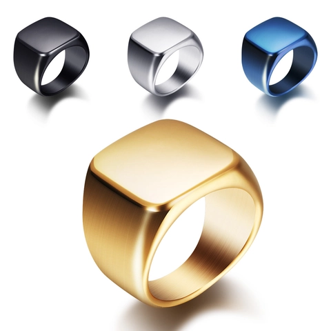 Minimalist Signet Ring Stainless Steel Square Face Brushed Polished Industrial Punk Style Metal Jewelry For Men