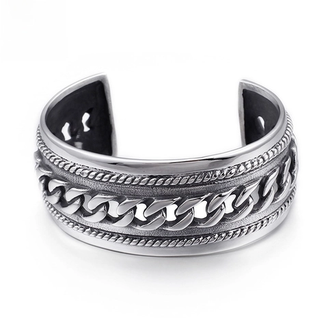Men Vintage 316L Stainless Steel Cuff Bracelet Cuban Chain Texture Twisted Rope Edge Industrial Punk Open Bangle Jewelry