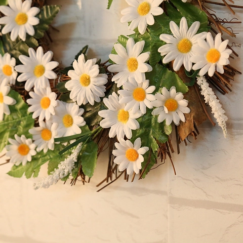 Künstlicher Weißer Gänseblümchen Sonnenblumenkranz Mit Grünen Blättern Rustikaler Rattankranz Für Haus Und Weihnachten Wanddekoration