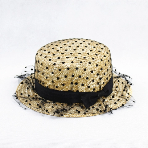 Women Boater Straw Hat Summer Beach Sunshade Flat Top With Floral Lace Ribbon Bow Mesh Veil Vintage Pastoral Style Vacation
