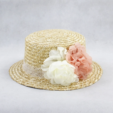 Women Boater Straw Hat Summer Beach Sunshade Flat Top With Floral Lace Ribbon Bow Mesh Veil Vintage Pastoral Style Vacation