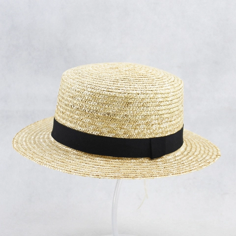 Chapeau Canotier Paille Naturelle Bord Plat Noeud Ruban Noir Resille Pois Dentelle Florale Retro Elegant Ete Plage Soleil