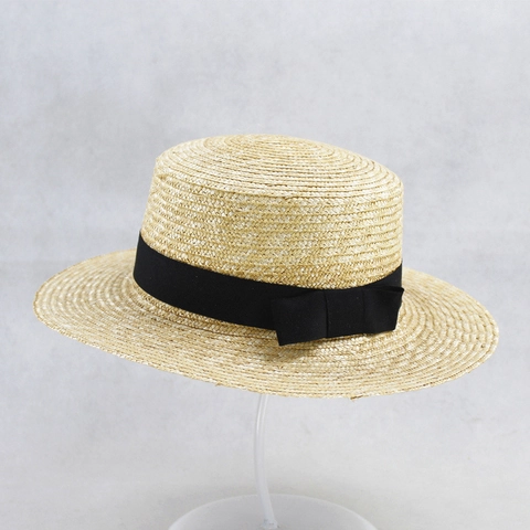 Women Boater Hat Natural Straw Wide Brim Summer Sun Beach Hat Elegant Ribbon Bow Mesh Flower Decor