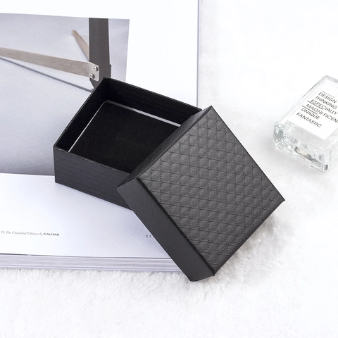 Black Square Jewelry Box Diamond Pattern Paper Flocked Lining For Ring Necklace Earring Storage Gift Case Organizer