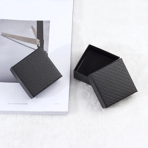 Black Square Jewelry Box Diamond Pattern Paper Flocked Lining For Ring Necklace Earring Storage Gift Case Organizer
