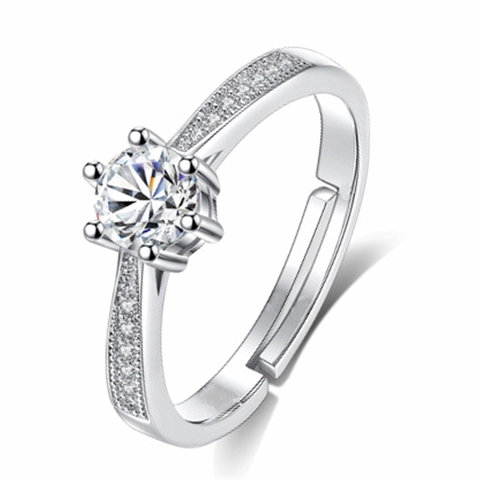 Luxury Round Rhinestone Six Prong Adjustable Copper Finger Ring For Women Fashion Jewelry Wedding Gift