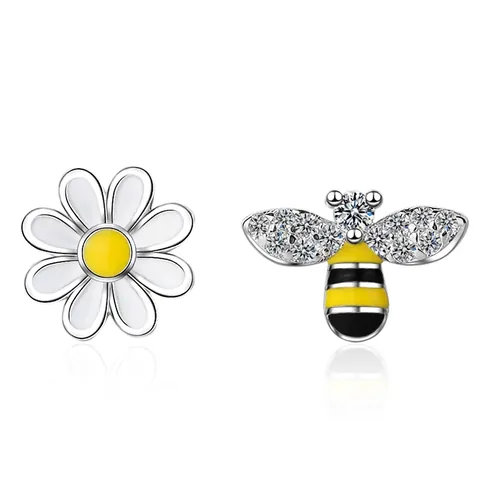 Asymmetric Daisy And Bee Stud Earrings Copper Enamel Flower Insect Zircon Plated Cute Floral Animal Jewelry For Women