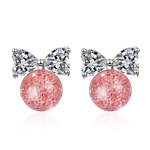 Bowknot Stud Earrings With Pink Strawberry Crystal Heart Cubic Zirconia Silver Earring Post Sweet Jewelry For Women