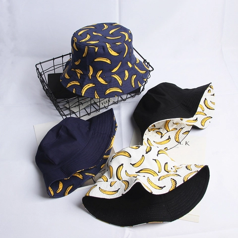 Banana Print Reversible Bucket Hat Cotton Canvas Sun Protection Casual Streetwear Novelty Sun Hat For Men Women