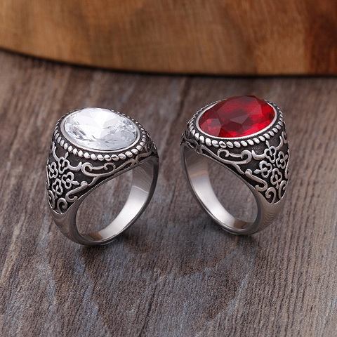 Heren Vintage Ring 316L Roestvrij Staal Grote Ovale Edelsteen Gegraveerd Reliëfpatroon Barok Punk Stijl Sieraden
