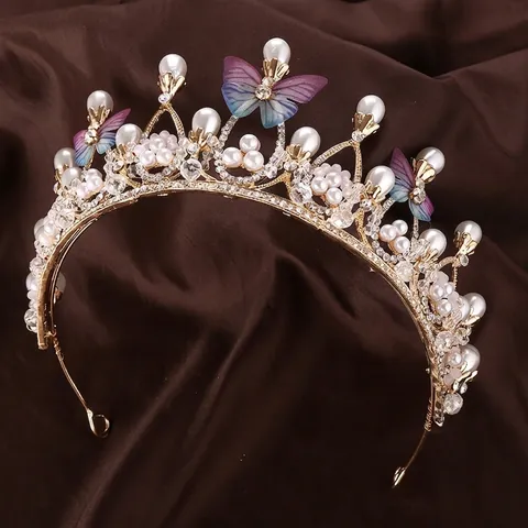 Corona Da Principessa Con Farfalla Bambina Tiara Strass Künstliche Perle Lega Cerchietto Accessorio Per Capelli Festa Matrimonio