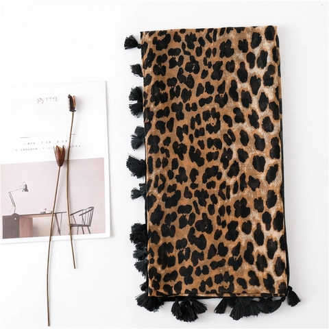 Sciarpa Da Donna Con Stampa Leopardata Sfumata Con Nappe Scialle Lungo In Cotone Lino Accessorio Invernale Versatile Di Moda