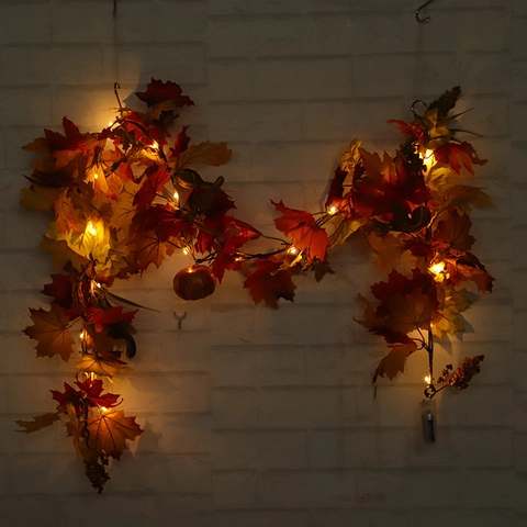 Guirnalda De Hojas De Arce Artificiales Con Calabazas Y Luces LED Vid De Satén Para Decoración De Acción De Gracias