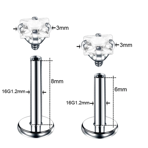 Quadratischer Zirkonia Lippenstecker Edelstahl Innengewinde Lippen Piercing Schmuck
