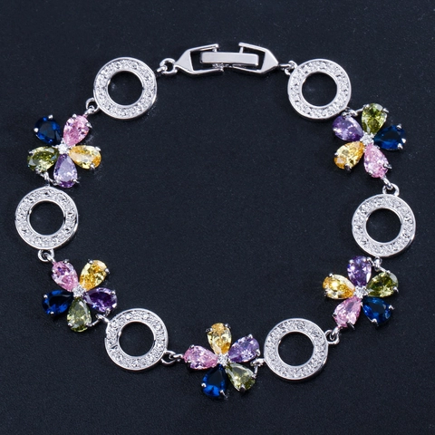 Lussuoso Bracciale a Maglie con Fiori in Rame Lucido con Intarsio di Zirconia Placcato Argento Elegante Bracciale per Donna Gioielli per Matrimonio Festa