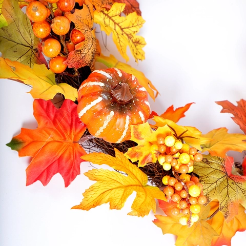 Autumn Wreath Artificial Maple Leaf Pumpkin Berry Harvest Thanksgiving Decor Front Door Hanging Rattan Base