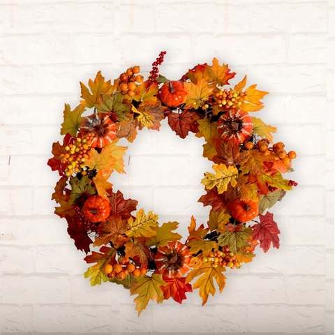Autumn Wreath Artificial Maple Leaf Pumpkin Berry Harvest Thanksgiving Decor Front Door Hanging Rattan Base