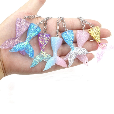 Mermaid Tail Necklace With Resin Pendant And Stainless Steel Chain Gradient Glitter Fish Tail Ocean Style Jewelry