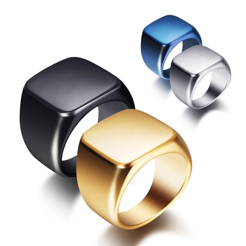 Minimalist Signet Ring Stainless Steel Square Face Brushed Polished Industrial Punk Style Metal Jewelry For Men