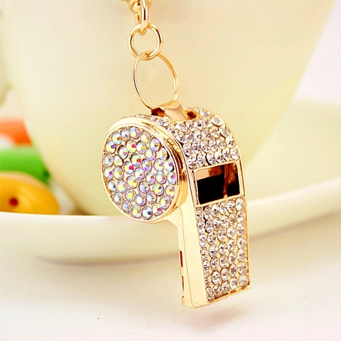 Rhinestone Whistle Keychain Zinc Alloy Metal Sports Whistle Bag Pendant Sparkling Crystal Keyring For Women Men Jewelry Gift