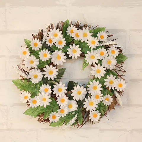 Künstlicher Weißer Gänseblümchen Sonnenblumenkranz Mit Grünen Blättern Rustikaler Rattankranz Für Haus Und Weihnachten Wanddekoration