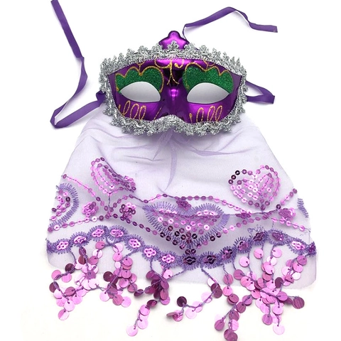 Masque De Mascarade Avec Voile Style Indien Paillettes Dentelle Gaze Mystérieux Halloween Masque Pour Yeux Femmes