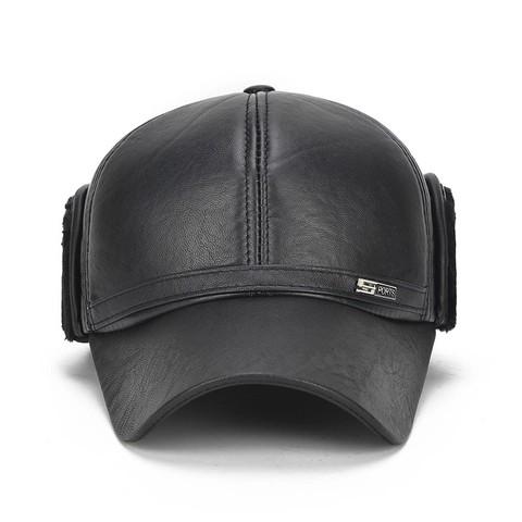 Men Winter Baseball Cap PU Leather Earflap Hat Warm Windproof Faux Fur Lining Outdoor Sports Casual Thermal Headwear