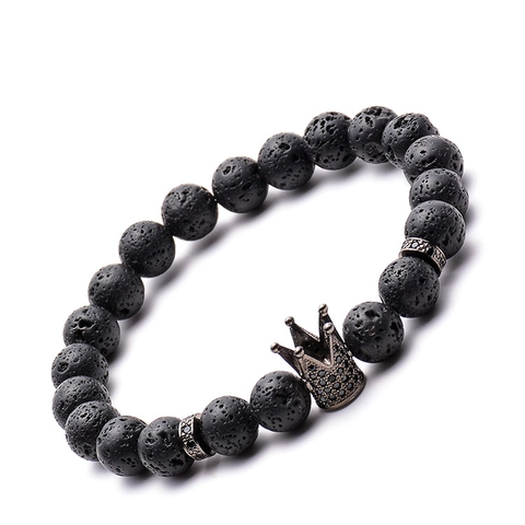 Naturstein Lava Armband Kupfer Krone Zirkonia Einlage Diffusor Energie Perlen Schmuck Für Herren Und Damen
