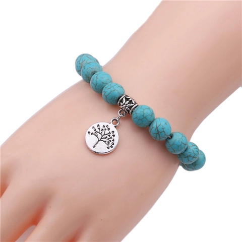 Bracciale Di Perline Di Turchese Con Ciondolo Croce Albero Della Vita Lega Elastico Gioielli Boho Uomini Donne