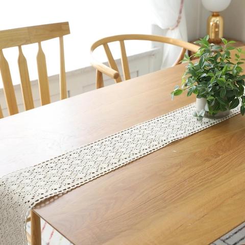 Handmade Crochet Table Runner Beige Cotton Lace Hollow Out Boho Wedding Dining Room Decor American Country Style