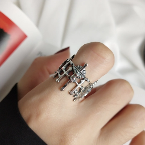 925 Sterling Silber Kreuz Ring Gothik Religiös Jesus Kruzifix Relief Vintage Oxidiert Verstellbar Offen Schmuck