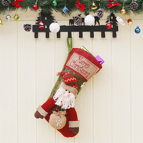 Calcetines De Navidad Lino Fieltro Peluche Tela 3D Dibujos Animados Papá Noel Muñeco De Nieve Reno Decoración Festiva Chimenea Árbol Bolsas Regalo