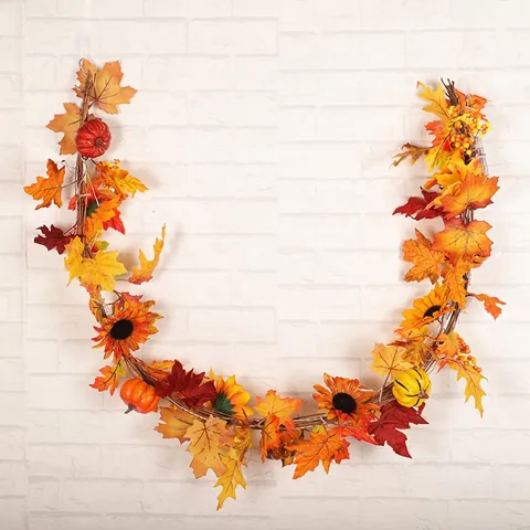 Artificial Sunflower Maple Leaf Garland Fall Autumn Thanksgiving Decoration Realistic Satin Foliage Vine For Home Party
