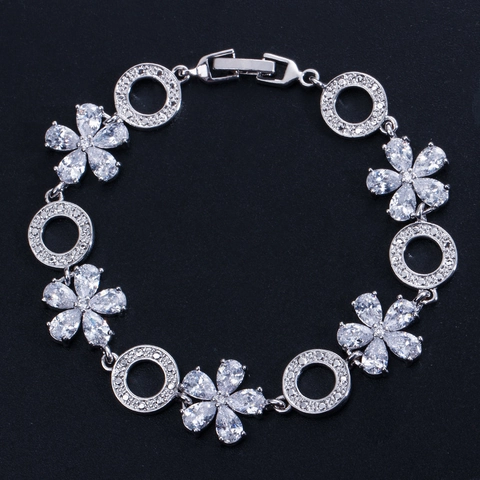 Lussuoso Bracciale a Maglie con Fiori in Rame Lucido con Intarsio di Zirconia Placcato Argento Elegante Bracciale per Donna Gioielli per Matrimonio Festa