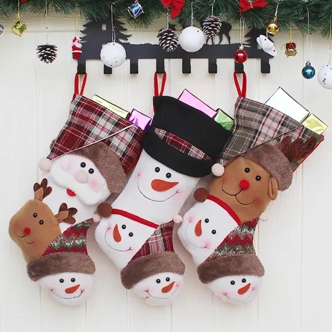 Christmas Stocking Hanging Decoration Santa Snowman Reindeer Plaid Plush Fabric Festive Holiday Ornament