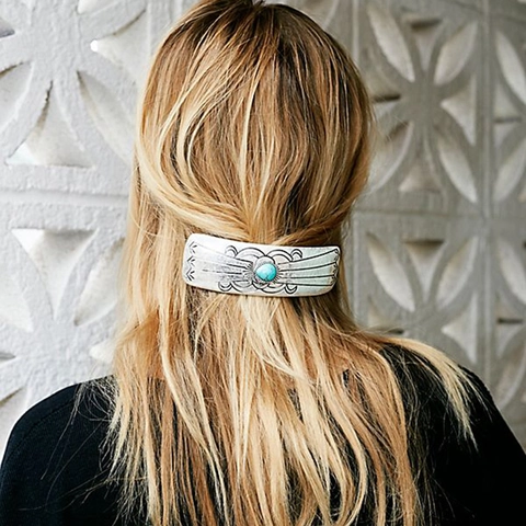 Retro Bohemian Legering Haarclip Met Turquoise Steen Geometrisch Gesneden Veerhaarspeld Voor Dames Etnische Stijl