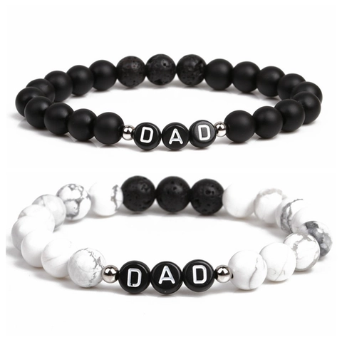 Lava Stone White Turquoise Beaded Bracelet With DAD Letter Beads Natural Stone Elastic Men Father Gift