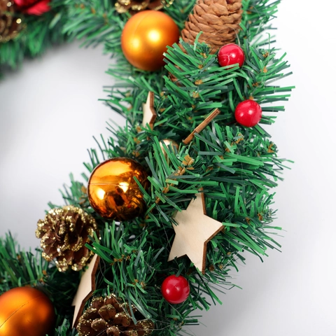 Corona Di Natale Decorazione In Aghi Di Pino Artificiale Con Stella Di Legno Pigna Bacca Sfera Per Porta Parete Casa Festa Appendere