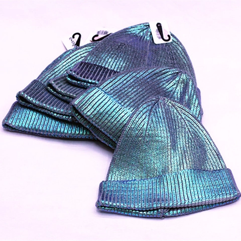 Metalen Laser Breien Beanie Hoed Unisex Harajuku Hip Hop Winter Warm Acryl Manchet Cap Glanzend Effen Kleur Streetwear