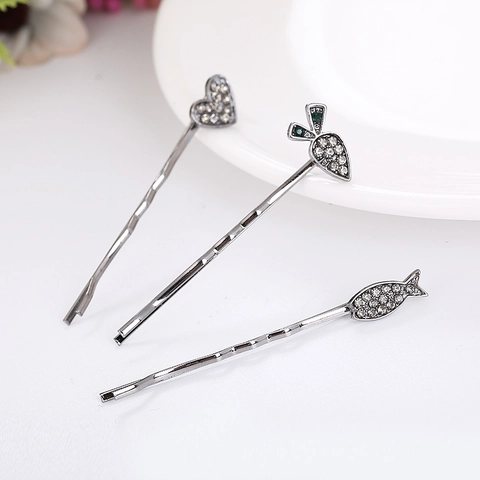 Horquillas de Aleación con Strass para Mujer Forma de Corazón Pez Zanahoria Pasadores de Pelo Bañado en Oro Plata Accesorios