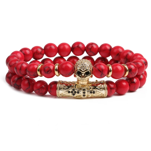 Punk Beaded Bracelet Lava Stone Turquoise Tiger Eye With Skull Charm Cross Micro Inlaid Zircon Gothic Jewelry For Men