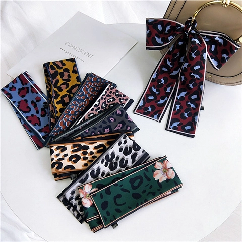 Leopard Muster Blumen Schmaler Schal Seidig Satin Twilly Für Handtaschen Haar Hals Accessoire Elegant Doppelseitig Für Damen