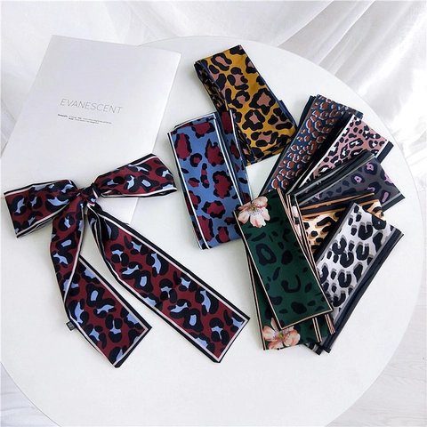 Leopard Muster Blumen Schmaler Schal Seidig Satin Twilly Für Handtaschen Haar Hals Accessoire Elegant Doppelseitig Für Damen