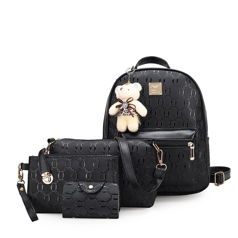 Zaino Donna Moda Borsa A Tracolla Pochette Porta Carte Pelle PU Goffrata Motivo Geometrico Accessori Dorati Ciondolo Orsetto